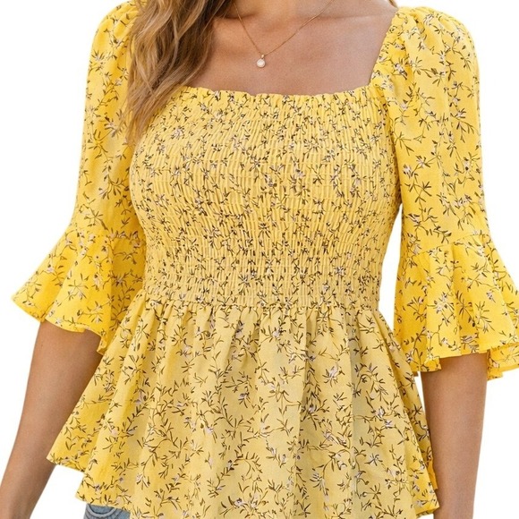 Hayden Los Angeles Tops - Hayden LA Peplum Smocked Square Neck Top 3/4 Flutter Sleeve Cottagecore Milkmaid